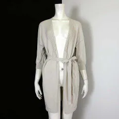 スタディオクリップ Studio Clip カーディガン ニット ロング トッパー 羽織り ウエストベルト ドロップショルダー 7分袖 M ベージュ