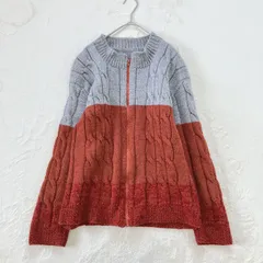 ケーブル編み切り替えジップニット グレー×オレンジ×赤 秋冬 長袖　羽織