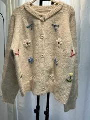 アイボリー 花 刺繍 ニット カーディガン
