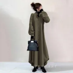 春ワンピース40代 即購入OK シャツワンピースロング丈 開襟シャツ 緑 ワンピース 長袖ワンピース ゆったり aラインワンピース フレア 50代60代ワンピオフィス 春秋服