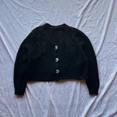 00’s F 黒 ケーブル編み クロップド ニットカーディガン Vネック クリアボタン 綿混 ショート丈 羽織り Y2K フェアリーグランジ アメカジ ストリート