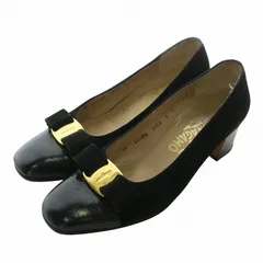 サルヴァトーレフェラガモ Salvatore Ferragamo ヴァラリボン パンプス スエード レザー クロコ型押し スクエアトゥ チャンキーヒール ロゴ 5 22.5cm 黒 ブラック /XZ ■GY11