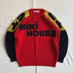 希少デザイン　90s　vintage　ヴィンテージ古着　MIKI HOUSE MEN'S　ミキハウス　前面ロゴ　フルデコ　ハイゲージ編みニット　Uネック　セーター　ショルダーパッチ　レッド×ブラック×イエロー　レトロ古着　M　logo design knit