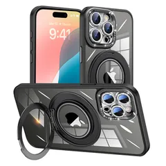 新品 iPhone 13Pro用ケースMagSafe対応 360°回転リングマグネットスタンド付き シリコン耐衝撃 透明背面クリア 薄型 キラキラなカメラカバー自由に取り外し可能 2 in 1 ガラスフィルムレンズ保護 かわいいアイホンケース 黄変防止 防塵ネ