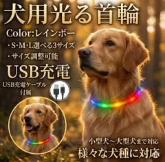首輪 犬 光る レインボー 虹色 おしゃれ 散歩 光る首輪 S M L 3サイズ LEDライト USB充電 安全 夜 サイズ 調整可能 充電 小型犬 中型犬 大型犬 防犯 ペット ライト