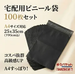 宅配ビニール袋　A4　宅配袋　100枚 黒 ブラック テープ付き 梱包袋 宅配用 宅急便　強粘着　フリマ　梱包　資材　発送　透けない　防水　普通　郵便　クリックポスト　ゆうパケット　ネットショップ　ブラック