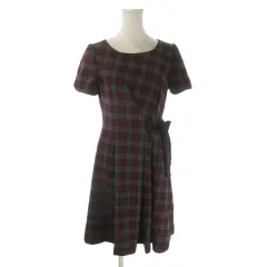 ウィルセレクション WILLSELECTION ワンピース M 赤 レッド ボルドー グレー チェック柄 半袖 ラウンドネック リボン /AO20 ■GY61