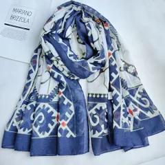 アラベスク柄 大判ストール ブルー×ホワイト 薄手 軽量 フォークロア モダン柄 上品 存在感 春 秋 ミドルシーズン UVカット 冷房対策 羽織りもの 肩掛け ひざ掛け ギフト 母の日 送料無料 即購入OK 最短当日〜翌日発送