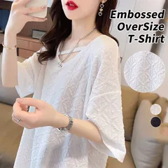 新品 エンボス加工 Tシャツ ビックシルエット エンボス チュニック ドロップショルダー カットソー クルーネックトップス オーバーサイズ 肩落ち 半袖 五分袖 春夏 ゆったり mlptl