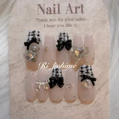 ネイルチップ　現品　フレンチガーリー　ちゅるん　ニュアンス　バレエコア　ワンホン　韓国　メンカラ　推しネイル　y2k  夢かわ　ツイード　バレエコア　くま　クマ　ツイード　黒　ピンク