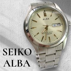 SEIKO ALBA 세이코 알바 7N43-0BA0 데이 데이트 문자판 골드 라운드 스크류 백 빈티지 남성 시계 가동품 전지 신품 교환 완료