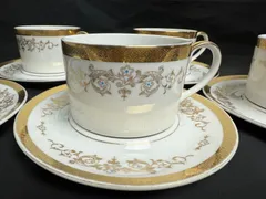 MIKASA ミカサ カップ＆ソーサー 4客セット＋予備ソーサー1枚 計9点 L6002 EMPIRE クチュールコレクション エンパイア 金彩 花柄 高級 廃盤 希少 レトロ ボーンチャイナ ティータイム 接客用 アンティーク 上品