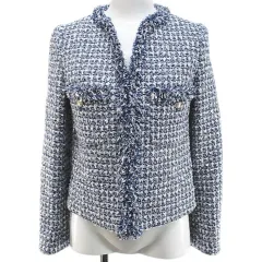 アナイ ANAYI ツイード ノーカラー ジャケット 34 青系 ブルー フリンジ ホック 裏地 日本製