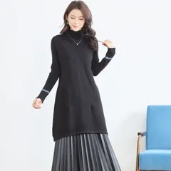 ★最終セール価格￥3,040★残り1点【TRUBE】ライン ディテール ニット ワンピース ブラック M-L ( N85-002A)レディース 婦人服 ミニ丈 チュニック 袖口ライン 上品 大人可愛い きれいめ 秋冬 20代 30代 40代 50代