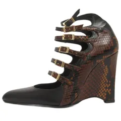 ザラ ZARA タグ付き レザー 型押し ポインテッドトゥ パンプス ウェッジソール ブラック ブラウン系 23.5