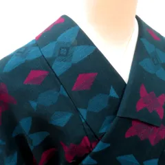 ウール着物 単衣 紺×青ピンク 幾何学調柄 バチ衿 カジュアルきもの 普段着物 仕立て上がり ウールきもの 和洋ミックス 身丈154.7cm