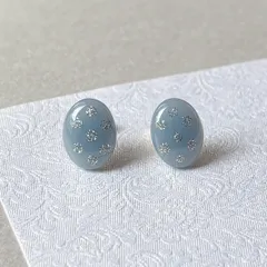 ブルー シルバードット ピアス ステンレス オーバル 楕円 丸 かわいい 水玉【483】