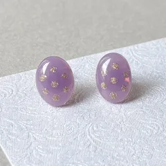 パープル ゴールドドット ピアス ステンレス オーバル 楕円 丸 かわいい 水玉【484】
