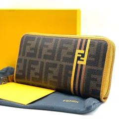 【視線より、余韻で魅せる】　FENDI　長財布 ズッカ ペカン ラウンドファスナー FFロゴ レザー フェンディ 箱付き　ブラウン イエロー