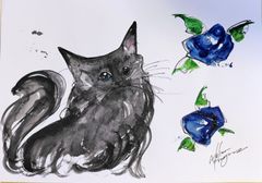 原画#3865 黒猫　カフェ　ヨーロッパ　花　水彩画　ドローイング　風景画　絵画 原画#3865 黒猫 カフェ ヨーロッパ 花 水彩画 ドローイング 風景画