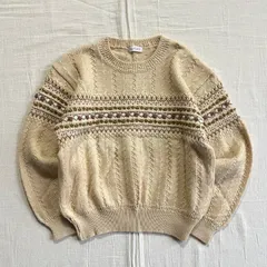 〜90s　vintage　ヴィンテージ古着　VOSGES　小花柄　立体フラワーモチーフ　ぽんぽん　飾り編み　ハンドニット　ウールセーター　ケーブル　クリームべージュ　短丈　昭和レトロ　グランジ　アウトドア　3d flower design wool knit