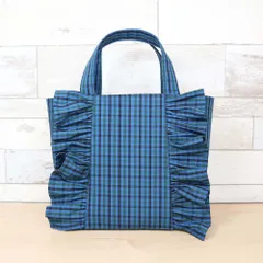 フリル付き ファミリア風 ブルーグリーンチェック タータンチェック マチあり ミニトートバッグ ランチバッグ　サブバッグ　ミニバッグ ハンドメイド