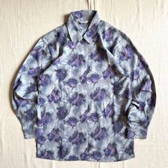 90s　vintage　ヴィンテージ古着　全面アートモチーフ　総柄　ポリエステルシャツ　シェル調ボタン　てろてろ　ドレープ感　寒色系　フリーサイズ　一点物　昭和レトロ　サブカル　下北沢　高円寺　art motif pattern polyester shirt