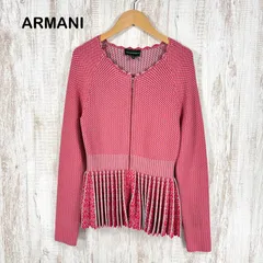 美品 EMPORIO ARMANI エンポリオアルマーニ チェック 総柄 フリルプリーツ ダブルジップアップ 長袖 ジャガード ニット カーディガン ブルゾン レッドのサムネイル