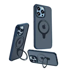 iPhone 15 Pro ケース ハード ポリカーボネート TPU 耐衝撃 リング スタンド カメラ保護 指紋防止 半透明 クリア マグネットカーマウント対応 軽量 薄型 (ブルー)R1184