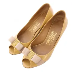 サルヴァトーレフェラガモ Salvatore Ferragamo ヴァラリボン パンプス オープントゥ アーモンドトゥ ウェッジソール エナメル ロゴ 6 ベージュ /BB