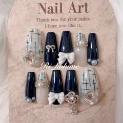 ネイルチップ　現品　フレンチガーリー　ちゅるん　ニュアンス　バレエコア　ワンホン　韓国　メンカラ　推しネイル　y2k  夢かわ　ツイード　バレエコア　ネイビー　紺