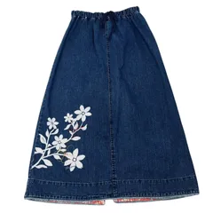 Felissimo デニム ロングスカート ウエストゴム 花柄 刺繍