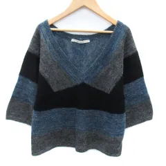 スピック&スパン Spick&Span ニット セーター 七分袖 Vネック 総柄 モヘヤ ウール混 マルチカラー 青 ブルー グレー /SM13