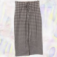 GU　ジーユー　タイトスカート　ブラウン×ホワイト　レディース　スリット　ウエストリボン　チェック柄　Mサイズ　ひざ下丈
