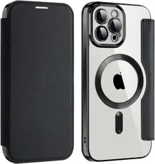 iPhone 15Plus 用 ケース 手帳型 Magsafe対応 クリア 背面 透明 高級なPUレザー 永久磁石 マグネット スマホケース カード収納、人気財布型 カバー 軽量 アイフォン15Plus用 手帳カバー (ブラック)R1205