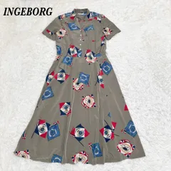 【美品】INGEBORG　開襟 マキシ丈 半袖ワンピース カーキ 国旗柄