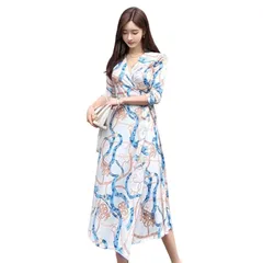 [GRAXIA] 【グラシア】キャバドレス ロングドレス キャバ嬢 キャバクラ ラウンジ 七分袖 チェーン柄 フレア リボン モダン レディース ホワイト×ブルー Lサイズ 0