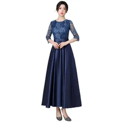 [EightSTAR Dress] パーティードレス 結婚式ドレス お呼ばれ ピアノ発表会 大人 ロングドレス 袖あり ミモレ Aライン フォーマルドレス ゲスト 20代 30代 40代 (JP, アルファベット, M, ネイビー) 0