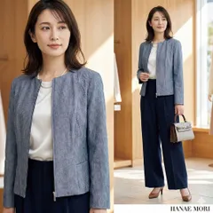 HANAE MORI【38】ノーカラージャケット グレー ストライプ M 通勤