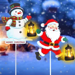 【ソーラー充電】サンタ＆雪だるま ランタン 2個セット屋外照明 ガーデンライト 金属製 防水 庭/芝生/通路を彩る クリスマス/ホリデー デコレーション【簡単設置】