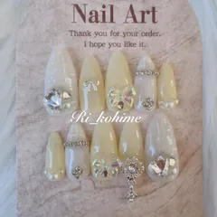 ネイルチップ　現品　フレンチガーリー　ちゅるん　ニュアンス　バレエコア　ワンホン　韓国　メンカラ　推しネイル　y2k  夢かわ　ツイード　バレエコアイエロー