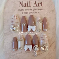 ネイルチップ　現品　フレンチガーリー　ちゅるん　ニュアンス　バレエコア　ワンホン　韓国　メンカラ　推しネイル　y2k  夢かわ　ツイード　バレエコア　シナモンベージュ