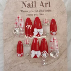 ネイルチップ　現品　フレンチガーリー　ちゅるん　ニュアンス　バレエコア　ワンホン　韓国　メンカラ　推しネイル　y2k  夢かわ　ツイード　バレエコア　赤　メンカラ