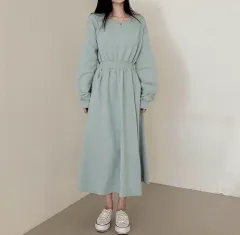 春ワンピース ウエストゴム ロング丈ワンピース