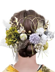 Doscpe 髪飾り ダリア ナチュラル リボン タッセル ドライフラワー 成人式 卒業式 水引 金箔 和装 振袖 袴 ヘッドドレス 結婚式 七五三 DJJ08