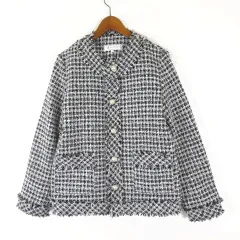 ロペピクニック ROPE Picnic ジャケット ツイード フリンジ チェック ノーカラー 長袖 L 40 黒 ブラック 白 ホワイト 美品