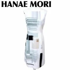 【美品】ハナエモリ ノースリーブワンピース 38 総柄 白×グレー×緑