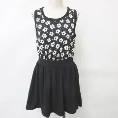イング INGNI ワンピース ミニ ノースリーブ 異素材切替 無地 花柄 総プリント ゴム 黒 ブラック オフホワイト M