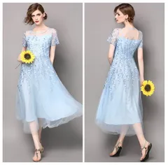 送料無料 未使用 発表会 ミディ 青 ワンピ－ス 11号 L (OPN4198)