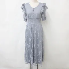 グレイル GRL ワンピース 半袖 Vネック ロング フレア レース フリル袖 半袖 グレー ブルー S